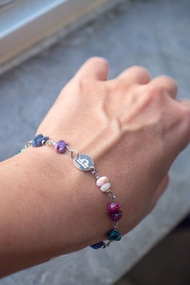 天秤座手鍊，純銀 925，紫鋰安、藍銅礦、碧璽、澳寶、方鈉石