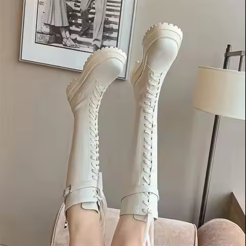 Ladies Boots Platform Punk Footwear Lace-up Biker Shoes For Women Western With Laces High Quality Pu