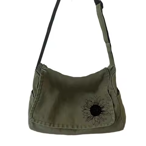 Retro Women's Canvas Shoulder Bag Sunflower Embroidered Crossbody Bag Female Army Green Laptop Bag C