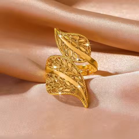 Lightweight Twin Leaf Open Ring For Women 24K Gold AU999, comfortable to wear
