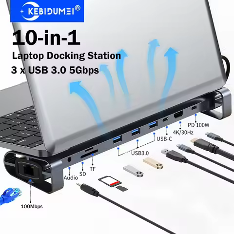 KEBIDUMEI 10-in-1 Laptop Docking Station USB C HUB 4K@30Hz HDMI PD 100W 100Mbps Ethernet 3 x USB 3.0