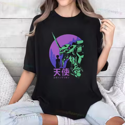 Anime-Neon-Genesis-Evangelion-Tshirt 100% Cotton Short Sleeve T Shirt Cartoon Graphic Pattern Tee Ha