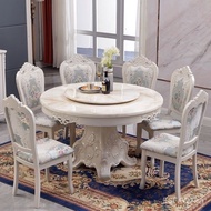 European Style Dining Table Marble Dining-Table Dining Chair Combination Solid Wood Luxury New French round Table with Turntable Dining Table Home