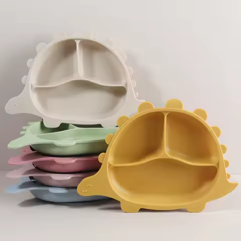 Silicone Suction Plate for Babies， Divider Toddler Dinosaur Plate ，Baby Led Weaning Feeding Set ， Ea