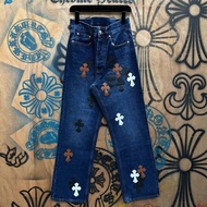 9FW9 Chrome Hearts Cross Leather Sanskrit Straight Overall Jeans Men Women Style