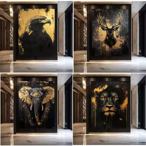 Fox Elephant Eagle Canvas Painting Black Gold Animal Print Poster Luxury Wild Animal Decoration Abst