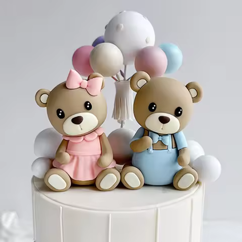 2Pcs Baby Bear Cake Toppers Rubber Teddy Bear Cake Decorations Gender Reveal Baby Shower Cake Decora