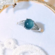 |財水海藍之謎|a貨翡翠冰玻藍膠超飽滿大蛋面8.6mm純銀戒指