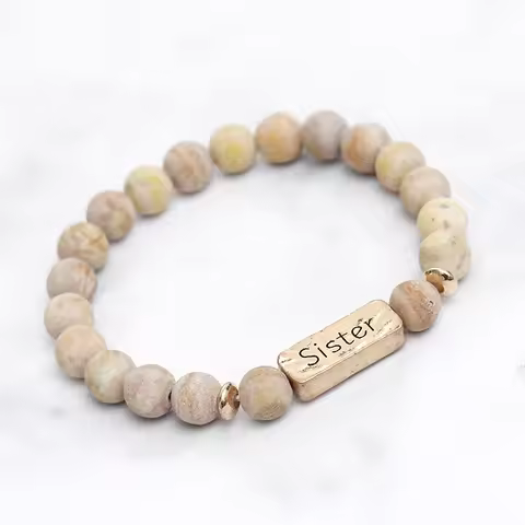 Funny Letter Sister Design Natural Stone Bracelet Stretchable Metal Bangle Bead Chain For Women Girl
