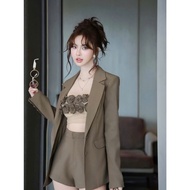 Set of vets 3 Piece women's fashion going out, made of sleeveless halter neck mango silk shirt with 