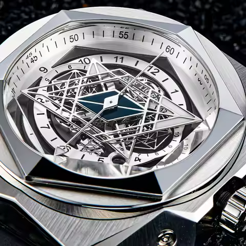 REEF TIGER Men's Luxury Black Shark Hexagon Skeleton Mechanical Watch Automatic Rubber Band Wristwat