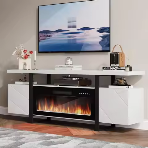 Modern High Gloss Electric Fireplace TV Stand with LED Lights And Storage Cabinets 36 Inch Entertain