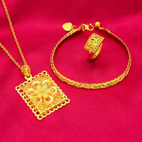 24K Gold AU999 New Open Ring-Necklace Set - Polished Adjustable Women's Ring + Chain, Matching Desig