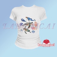 LANCAICAI Curvy Fit Stretch Tee Tropical Seaworld Creature Painting Ladies Slim Basic Tshirt