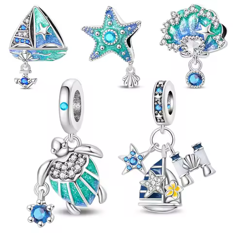 Summer Collection 925 Sterling Silver Sail&Sea Star&Shell&Turtle Set with Blue Zirconium Fit Brand B