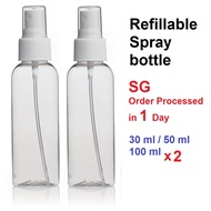 Clear Refillable Fine Mist Spray Bottle x 2 Plastic. Travel Size. Atomiser.  30, 50, 100 ml