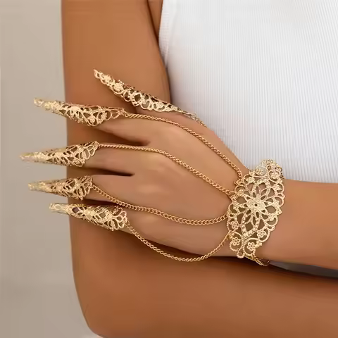 Hot Sale Punk Dubai Indian Finger Wrist Chain Bracelets Creative Hollow Flower Nail Rings with Bangl