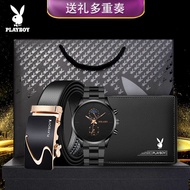 Playboy กระเป๋าสตางค์ผู้ชายชุดสูทเข็มขัดหนังวัวชุดของขวัญเข็มขัด + กระเป๋าสตางค์ + นาฬิกามีหลายสไตล์ให้เลือก