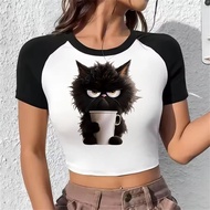 Cat Print Crop Top - Gyaru Gothic Vintage Grunge Y2K Aesthetic Girl's Clothing