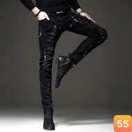 Street boys' jeans, dark black, paint flakes, ripped at the knees, beautiful 4-way stretch denim, ne
