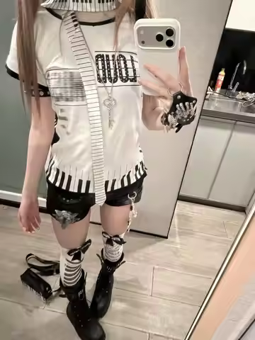 Y2k Visual Kei Polka Dot Vneck Slim Fit Square Shoulder Short Sleeve Tops Women Piano Print Loud Top