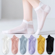 [Ready Stock] Pure Cotton Women's Socks Summer Thin Style 100% Pure Cotton Mesh Women's Socks Cotton Sweat-Absorbent Breathable Short Socks Candy Color Hollow Women's Ped Socks CF96