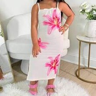 Young Girls White Floral Print Knit Dress With Slit,Summer Fairy Matching Family Vacation Outfit,Haw