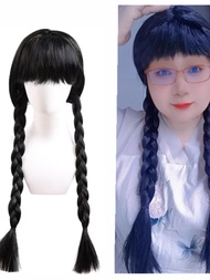 Wednesday Adams Wig Braid Cosplay Performance Double Braid Hair Cover Black Forehead Synthetic Hair