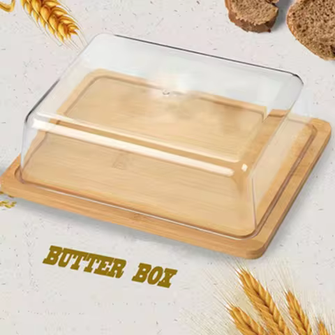 Bamboo Butter Dish Rectangular Cheese Storage Tray Plate Food Container With Glass Acrylic Lid Keepe