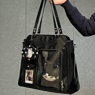 Black Ita Bag Crossbody, Japanese School Messenger Bag, Pin Display Bag,Large Crossbody Messenger Ba