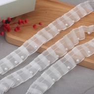 1m Chiffon Gathered Pleated Ruffle Mesh Lace Trim Pearls Beadings Ribbon Fluffy Dress Hemline Shoe S