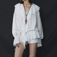 เสื้อเชิ้ต Jin Yi Boho Chic คอวีเว้าลายฉลุ แต่งเชือกผูกและลูกไม้ แขนยาว สีพื้น แบรนด์จีน