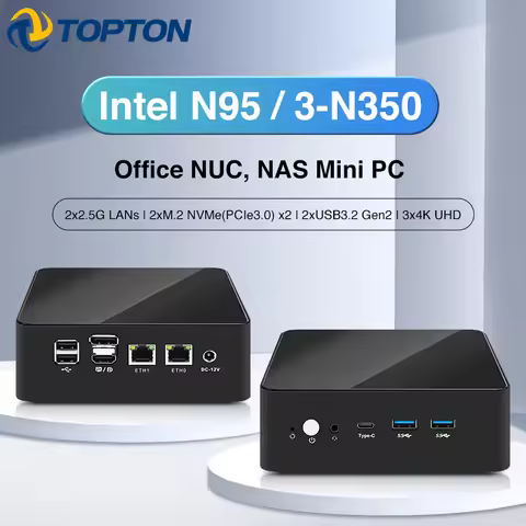 Topton NAS Mini PC Metal Office NUC Intel 3 N350 N95 Firewall Box 2x2.5G LAN 2xNVMe DDR5 HDMI+DP+Typ