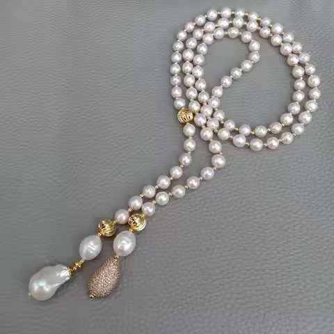 KKGEM 15x22mm White Keshi Pearl cz beads connector 8-9mm near round Freshwater Cultured pearl 40" Lo
