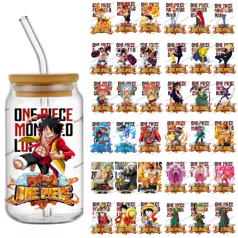Newest 31 Design Popular One Piece Anime 16oz UV DTF 3D Stickers Cartoon Manga Decals Glass Cup Mug 