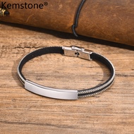 Kemstone Stainless Steel Curved Chain PU Leather Bracelet for Men's Bangle Bracelets Jewelry