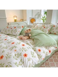 3入組柔軟的極緞蘆薈印花床單套裝（1床罩+2枕套）,韓國清新風格,多種尺寸可選,不含填充物