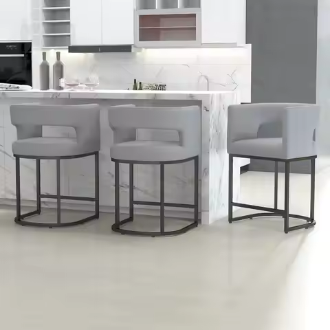 Set of 3, 26 Grey Linen Upholstered Counter Height Bar Stools with Black Metal Frame and Footrest fo