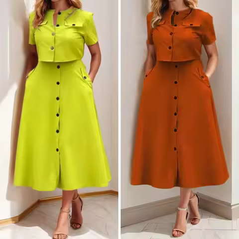 Women Set Street Short Sleeve O-Neck Button Tops +midi Skirts Suits Two 2 Piece Sets Summer OL Fitne