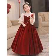 Childrens Dress Girl Host Flower Girl Wedding Little Girl Princess Dress Red Piano Performance Dress