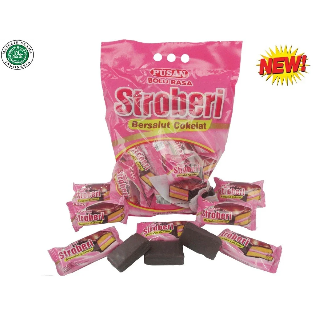 Bolu Pusan Bersalut Coklat Rasa Strawberry kemasan 1Pack isi 20pcs