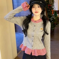 FY-2025 New ~ Christmas Year Women's T-Shirt V-Neck Check The Splicing Long Sleeves Sweet Cute