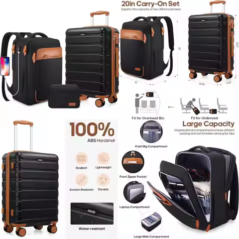 Men's & Women's 20 Inch Hardshell Luggage Set with Backpack, Airline Approved Carry-On 22x14x9 for T