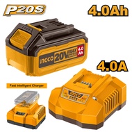 INGCO ชุดแบตเตอร์รี่ 20V ขนาด 4ah และแท่นชาร์จเร็ว 4ah รุ่น FBLI20021+ FCLI20411