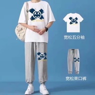 Men Short Sleeve Tees Pants Set Fashion Short Sleeve Round Neck T-shirt + Casual Printing long Pants