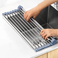 Over The Sink Dish Drying Rack, Roll Up Dish Drying Rack Kitchen Dish Rack Stainless Steel Sink Drying Rack, Foldable Dish Drainer, Gray (17.5''x11.8'')