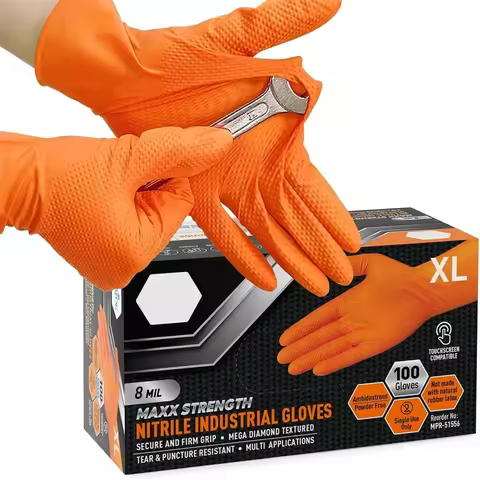 Heavy Duty Orange Nitrile Gloves 8Mil Industrial Disposable Gloves with Diamond Textured Grip for Me