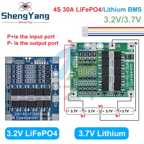 TZT BMS 4S 3.2V 3.7V 30A LiFePO4 / Lithium Battery Charge Protection Board 12.8V 14.4V 18650 32650 B