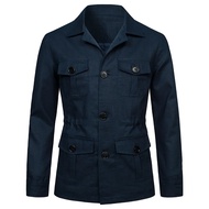 Mens Coats Safari Jacket Linen British Retro Gentry Suit Pockets Outerwear Fashion Solid Color Male