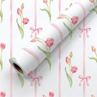1 Roll 17.5 Inch (44.5 Cm) Wide Pink Tulip Bow Decorative Tear-Off Wallpaper, Removable Self-Adhesiv